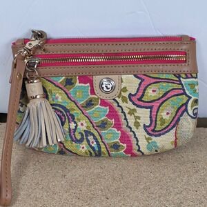 Spartina 449 Wristlet Clutch‎ Floral Linen Genuine Leather Tan Pink Blue